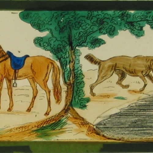Placa de Linterna Mágica con Fábulas de La Fontaine: 'El Perro y su Reflejo' y 'El Caballo y el Asno'