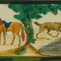 Placa de Linterna Mágica con Fábulas de La Fontaine: 'El Perro y su Reflejo' y 'El Caballo y el Asno'