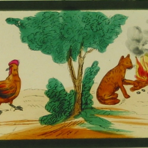 Placa de cristal para Linterna Mágica ilustrando dos Fábulas de La Fontaine, del fabricante francés Lapierre.