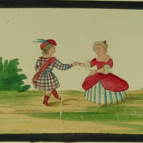 Placa de cristal para linterna mágica: Figuras en trajes de época