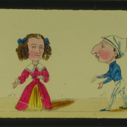 Placa de cristal para Linterna Mágica con caricaturas teatrales francesas pintadas a mano