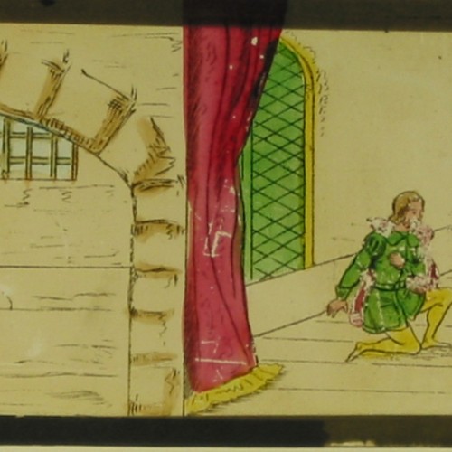 Placa de cristal para Linterna Mágica pintada a mano. Escenas de Geneviève de Brabant.