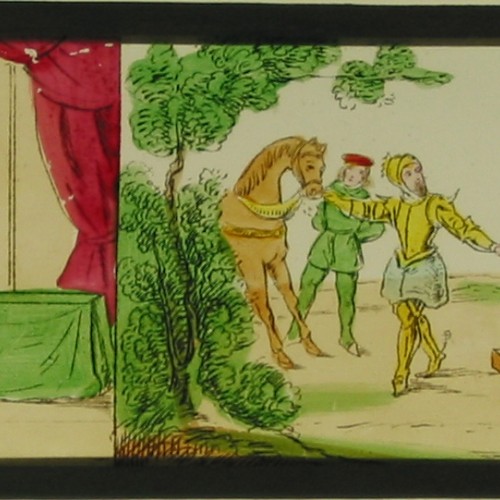 Placa de cristal para Linterna Mágica coloreada a mano. Escenas 3 y 4 de Genoveva de Brabante.