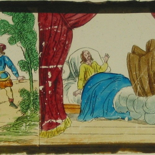 Placa de cristal para Linterna Mágica, pintada a mano. Escenas de Golo y Genoveva.