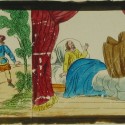 Placa de cristal para Linterna Mágica, pintada a mano. Escenas de Golo y Genoveva.