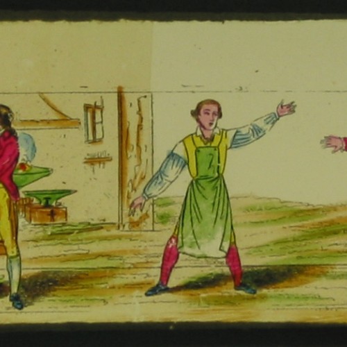 Placa de cristal para Linterna Mágica panorámica coloreada a mano, escena teatral francesa