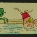 Placa de linterna mágica, tira cómica con criaturas grotescas en un balneario