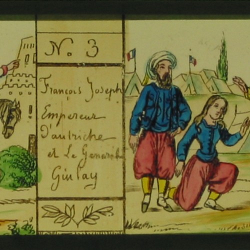 Placa de Linterna Mágica narrativa sobre la Segunda Guerra de Independencia Italiana (1859), numerada 3 y 4.