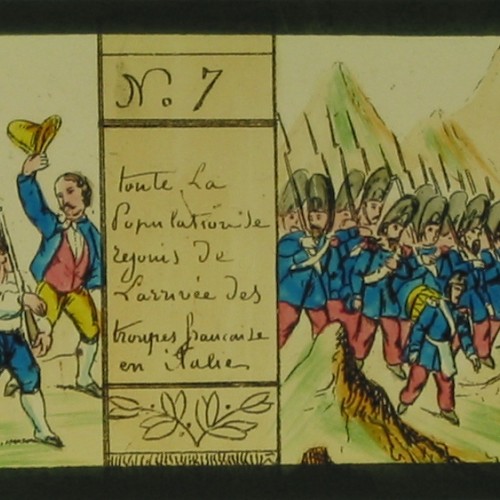Placa de cristal para Linterna Mágica coloreada a mano, motivos militares franceses en Italia