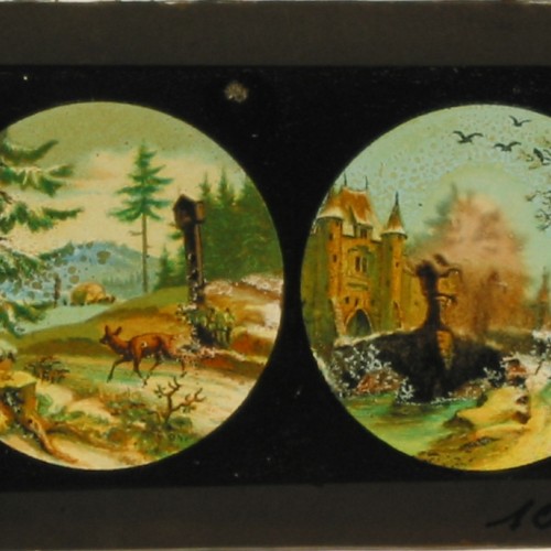 Placa de cristal para linterna mágica con cuatro escenas de paisajes nevados y ciervos, coloreada a mano