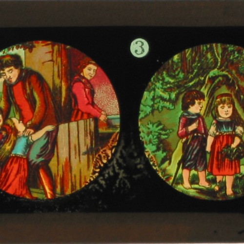 Placa de Linterna Mágica con la historia del cuento de hadas 'Hansel y Gretel' en 4 viñetas a color.