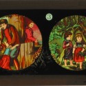 Placa de Linterna Mágica con la historia del cuento de hadas 'Hansel y Gretel' en 4 viñetas a color.