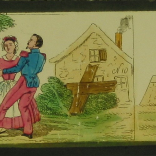 Placa de cristal para Linterna Mágica, coloreada a mano, escenas militares y costumbristas