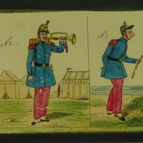 Placa de cristal para Linterna Mágica, pintada a mano. Escenas de vida militar francesa.