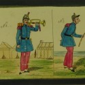 Placa de cristal para Linterna Mágica, pintada a mano. Escenas de vida militar francesa.