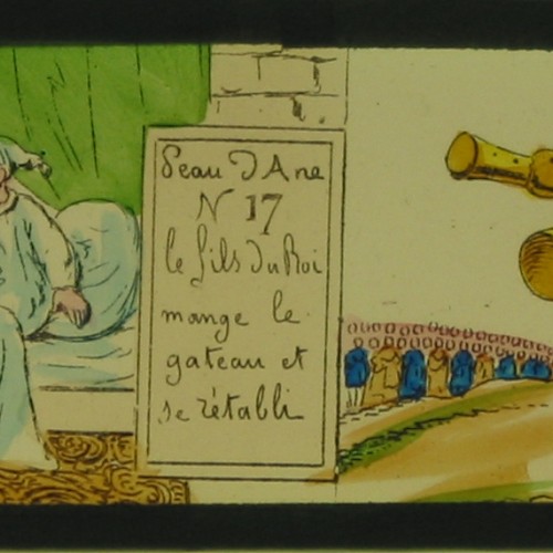 Placa de Linterna Mágica en formato tira con dos viñetas del cuento 'Peau d'Âne' (Piel de Asno).