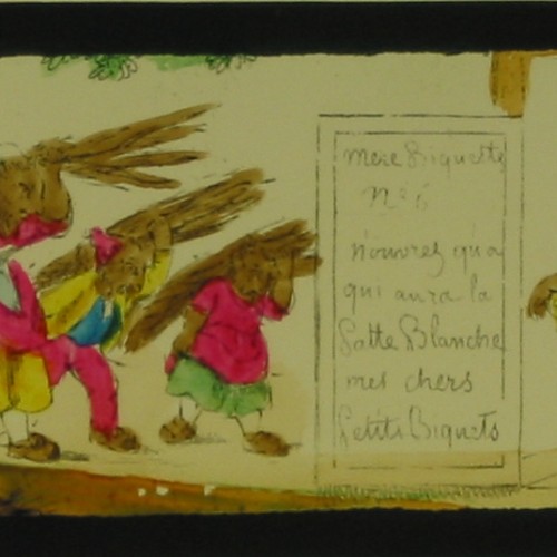 Placa de cristal panorámica para Linterna Mágica, coloreada a mano, ilustrando una escena de la fábula "El lobo y los siete cabr
