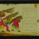 Placa de cristal panorámica para Linterna Mágica, coloreada a mano, ilustrando una escena de la fábula "El lobo y los siete cabr