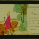 Placa de Linterna Mágica artesanal con dos escenas de Robinson Crusoe, coloreada a mano, c. 1870.