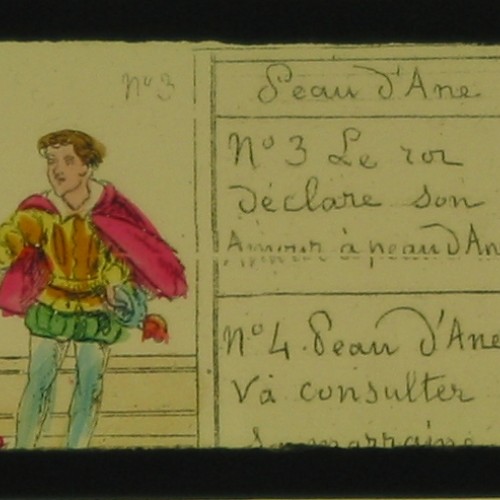 Placa de Linterna Mágica en formato tira con escenas 3 y 4 del cuento de hadas francés 'Piel de Asno' (Peau d'Âne).