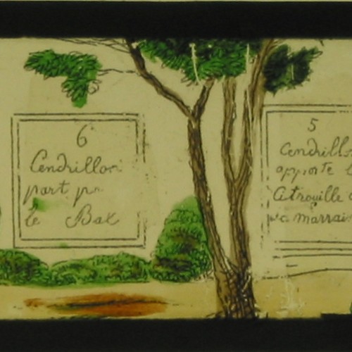 Placa de Linterna Mágica tipo 'slider' con dos escenas del cuento de Cenicienta.