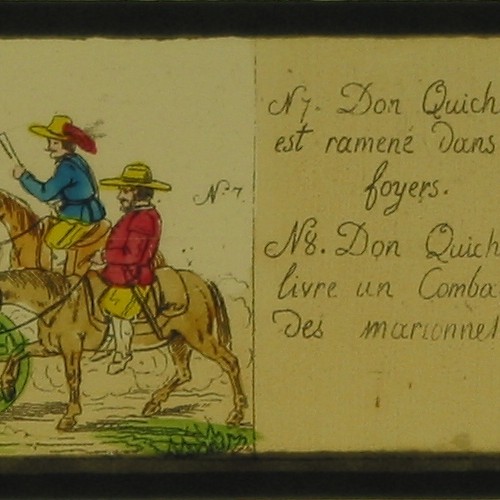 Placa de Linterna Mágica narrativa con dos escenas de la historia de Don Quijote, coloreada a mano.