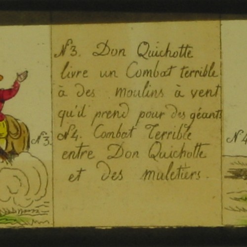 Placa de linterna mágica en formato tira con dos escenas de Don Quijote, coloreada a mano.