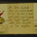 Placa de linterna mágica en formato tira con dos escenas de Don Quijote, coloreada a mano.