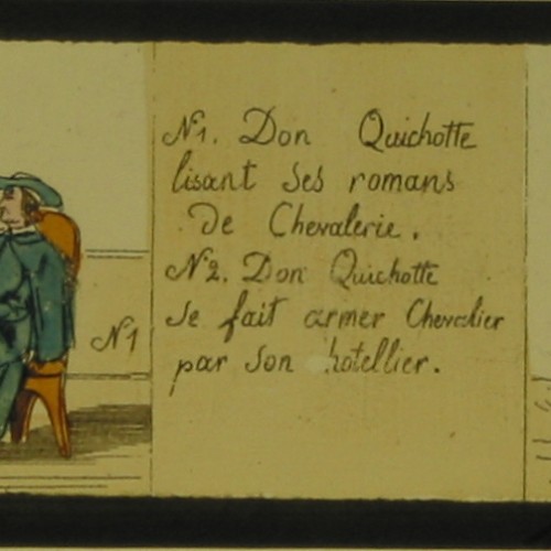 Placa de Linterna Mágica narrativa sobre Don Quijote, coloreada a mano