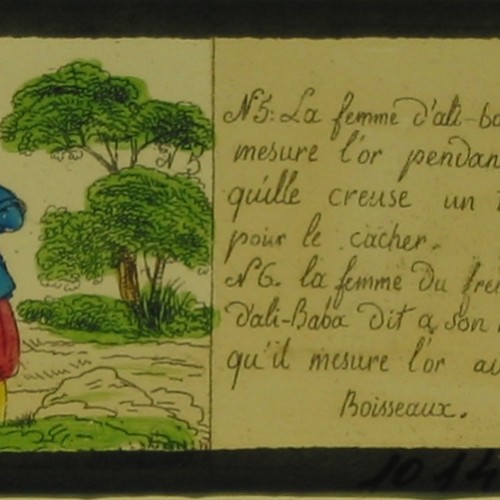 Placa de Linterna Mágica narrativa, escenas 5 y 6 de la historia de Alí Babá y los Cuarenta Ladrones.