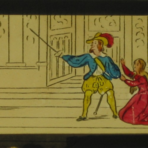 Placa de Linterna Mágica, escena final del cuento de Barba Azul, coloreada a mano, c. 1880