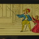Placa de Linterna Mágica, escena final del cuento de Barba Azul, coloreada a mano, c. 1880