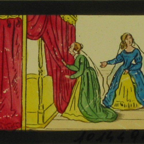 Placa de Linterna Mágica coloreada a mano, escena 4 del cuento "Barba Azul"