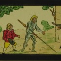 Placa de Linterna Mágica de una serie sobre Don Quijote, representando el episodio del viaje en el caballo Clavileño.