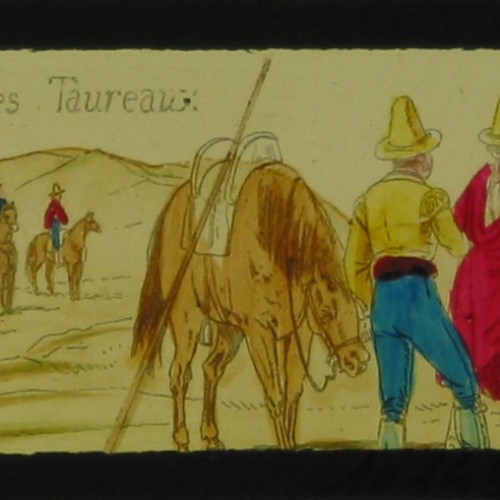 Placa de Linterna Mágica panorámica coloreada a mano, 'Pâturage des Taureaux' (España)