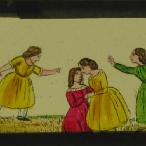Placa de Linterna Mágica coloreada a mano ilustrando la canción infantil francesa "Mon père, je m'accuse"