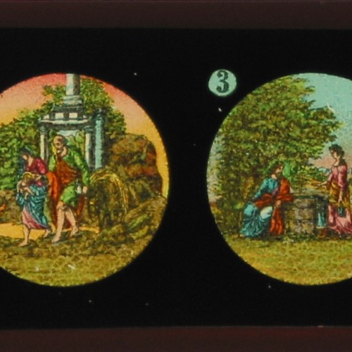 Placa de Linterna Mágica con cuatro escenas de la vida de Jesús, coloreada