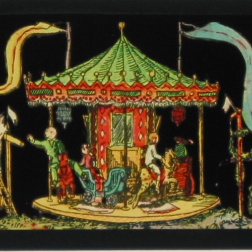 Placa panorámica para Linterna Mágica con escena de feria o verbena