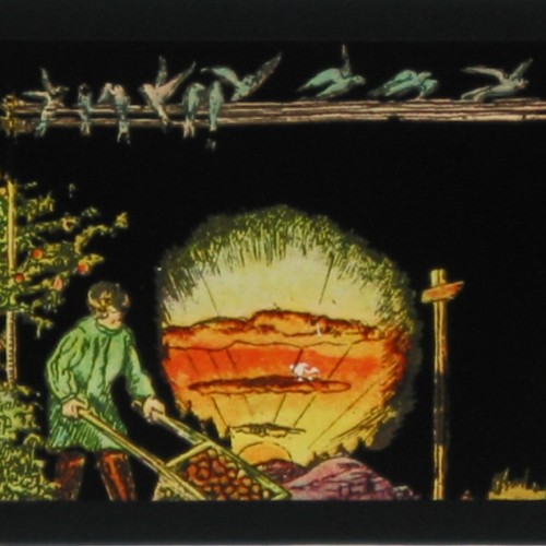 Placa panorámica de Linterna Mágica con escenas rurales, del fabricante alemán Bing Werke