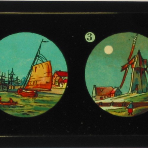 Placa de Linterna Mágica con cuatro vistas de paisajes holandeses