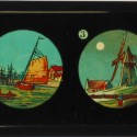 Placa de Linterna Mágica con cuatro vistas de paisajes holandeses