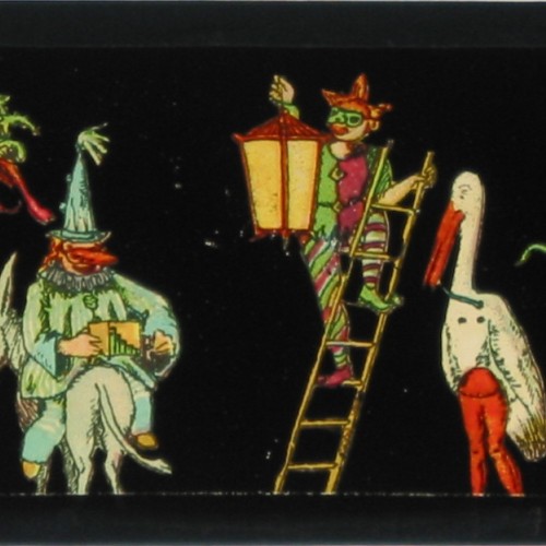 Placa de cristal para Linterna Mágica con escena de desfile carnavalesco, atribuida a Gebrüder Bing.