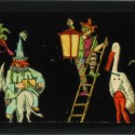 Placa de cristal para Linterna Mágica con escena de desfile carnavalesco, atribuida a Gebrüder Bing.