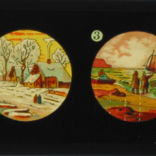 Placa de Linterna Mágica con cuatro escenas de paisajes del mundo