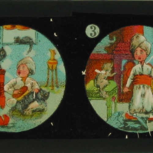 Placa de Linterna Mágica en color con una historia de cuento oriental en cuatro viñetas.