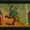 Placa de Linterna Mágica coloreada con tira cómica narrativa, tema 'El Regador Regado'