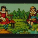 Placa de Linterna Mágica con escenas infantiles: teléfono de lata y juegos en el estanque.