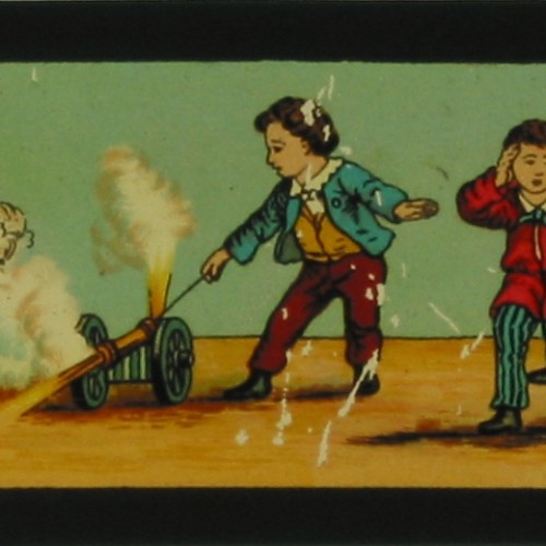 Placa de linterna mágica sobre juegos infantiles peligrosos, mostrando la detonación de un cañón de juguete