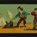 Placa de linterna mágica sobre juegos infantiles peligrosos, mostrando la detonación de un cañón de juguete