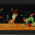 Placa de Linterna Mágica panorámica con escena de payasos de circo